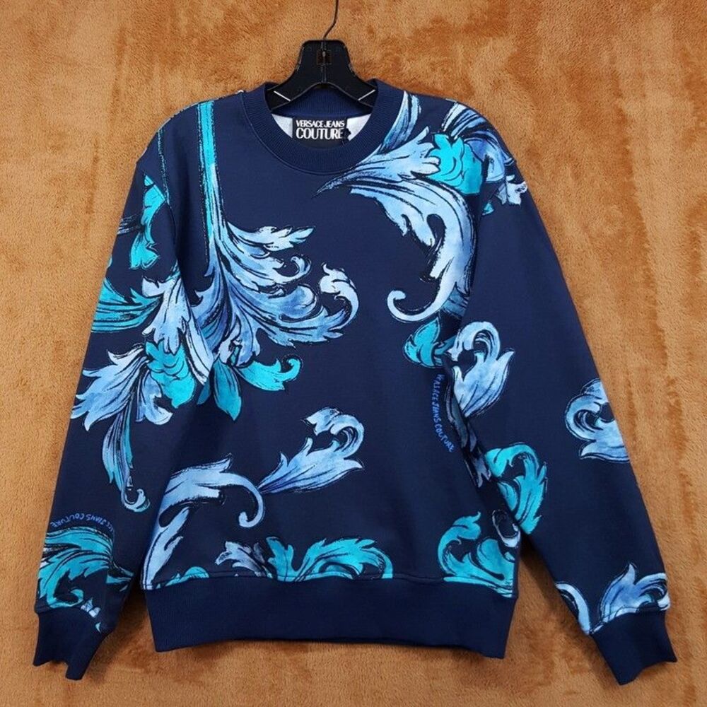 VERSACE Sweatshirt Mens Small Blue Pullover Crew Fleece Lined Floral Scroll $350